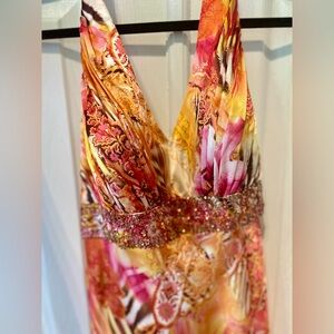Tropical Print Floor Length Orange Yellow Pink Halter Prom Dress Gown